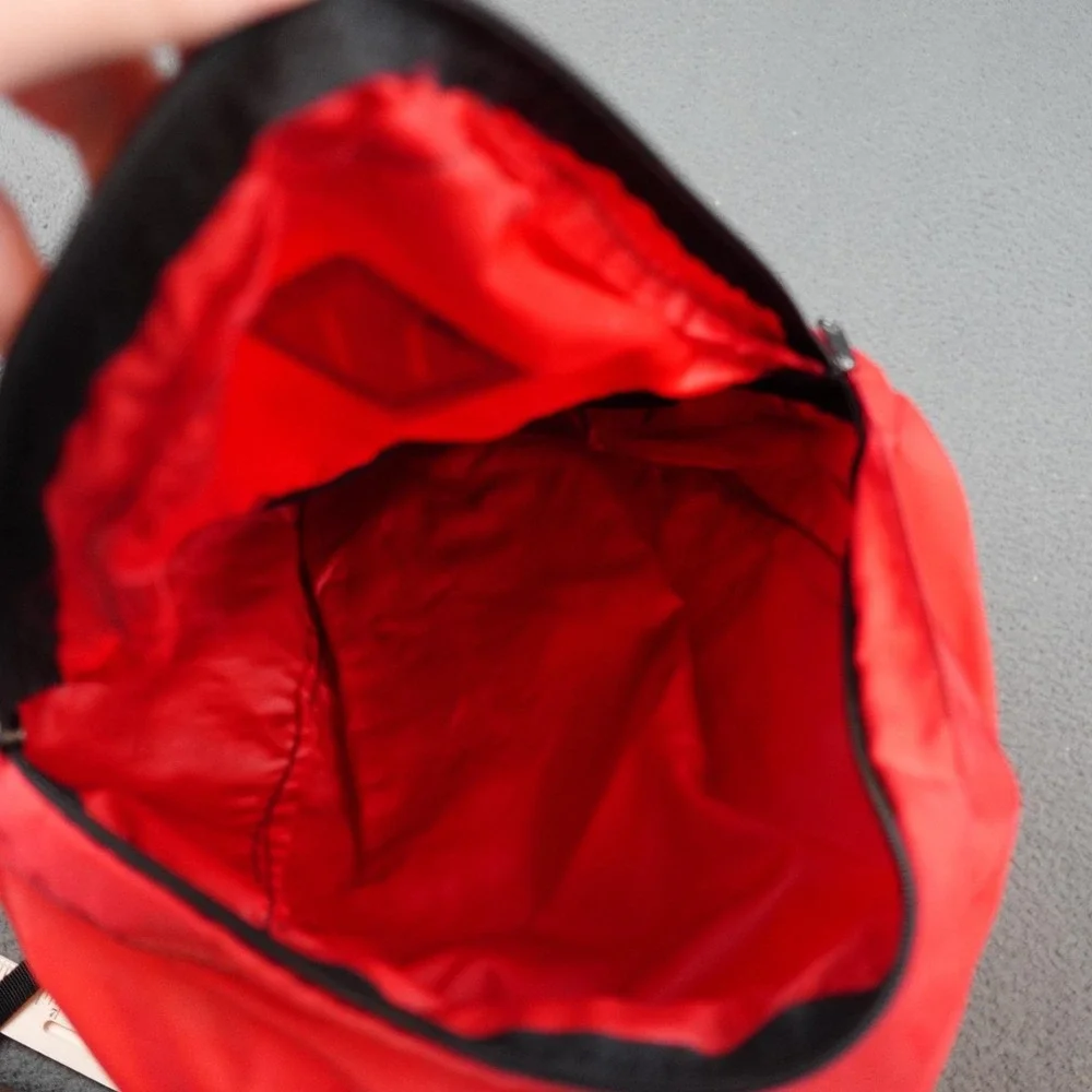 Vintage Eddie Bauer Backpack Red Daypack Leather Lash Patch Black Straps Hiking